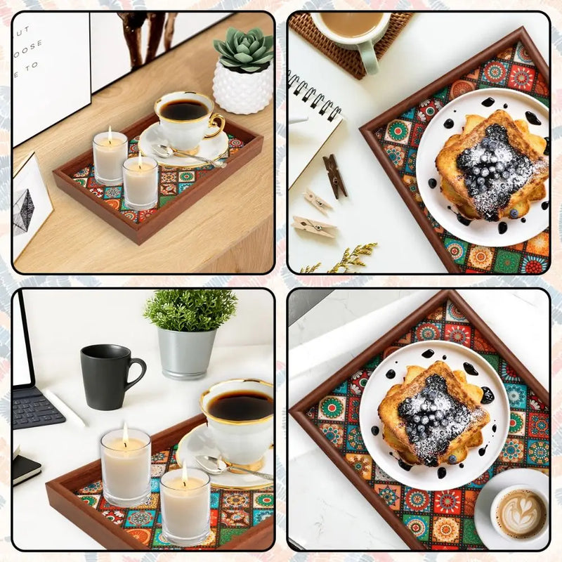 Bandeja de madera de estilo bohemio duradera, bandeja cuadrada hecha a mano para aperitivos de 30x20 cm, caja de almacenamiento para llaves, decoración de escritorio, recibidor y hogar