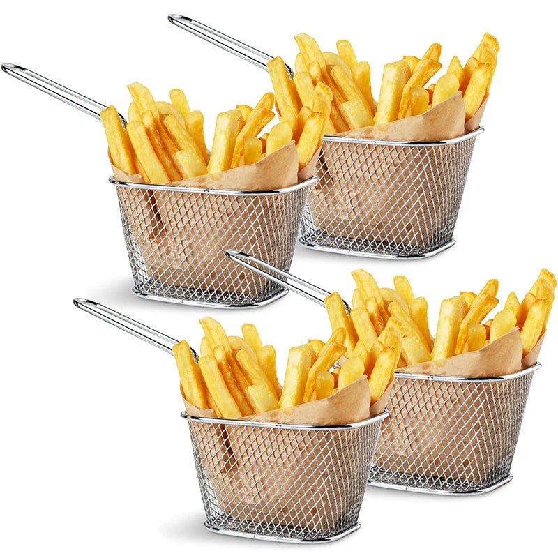 4 cestas de freír cuadradas mini de acero inoxidable, cestas para servir alimentos fritos con mango para aros de cebolla y aperitivos
