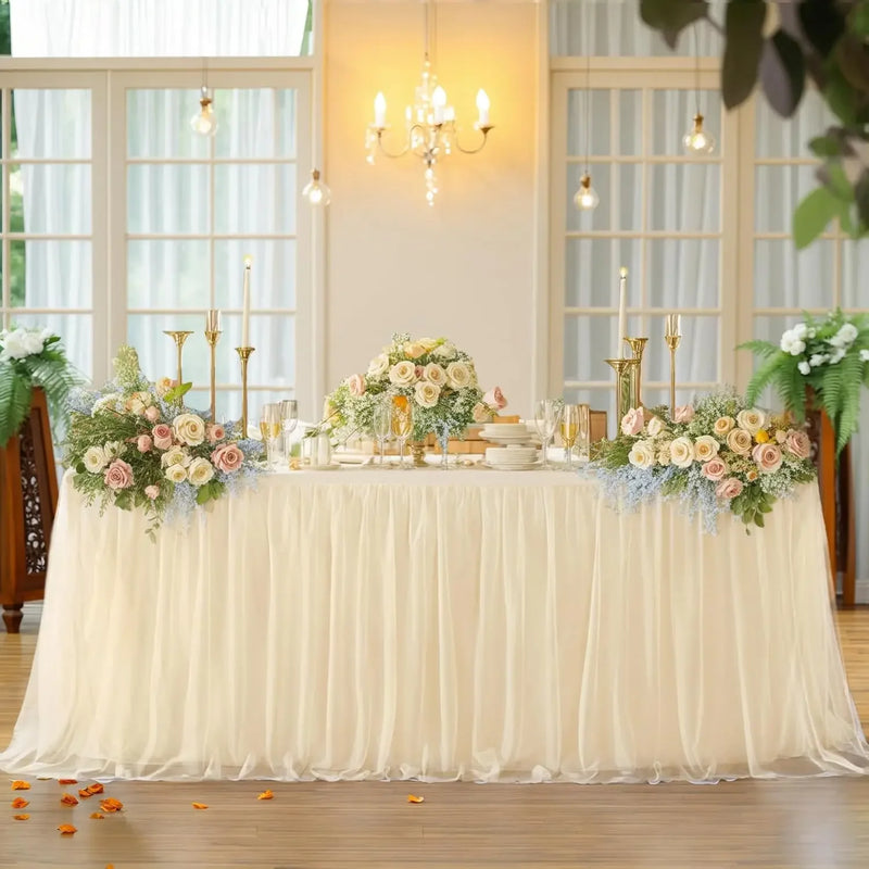 Falda de mesa de tul para mesa rectangular de 14 pies, falda de mesa con volantes semitransparente para decoración de manteles en banquetes, fiestas y bodas