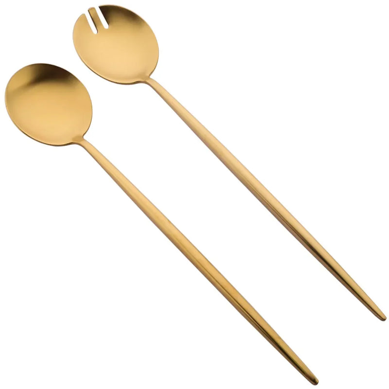 Juego de 2 cucharas de ensalada negras, cubiertos con mango largo, juego de ensalada de acero inoxidable, utensilios de cocina.