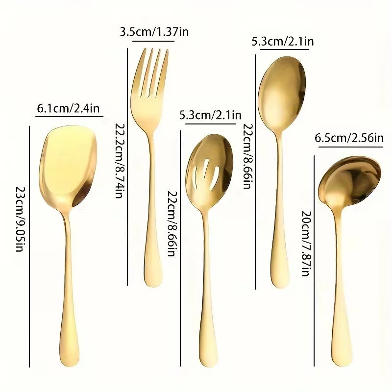 Juego de 5 cucharas y tenedores para servir de acero inoxidable 1010, vajilla grande para compartir, cubiertos multiusos para buffet, banquetes y catering.
