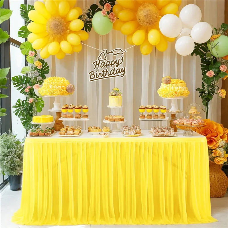 Falda de mesa de tul para mesa rectangular de 14 pies, falda de mesa con volantes semitransparente para decoración de manteles en banquetes, fiestas y bodas