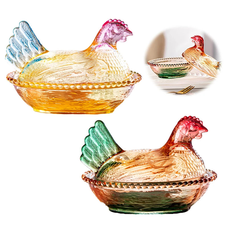 Plato de cristal, azucarero de cristal con tapa en forma de gallina, frutero, plato para postres y aperitivos, cuenco retro.