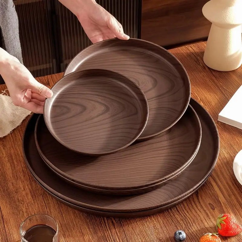 Bandeja de imitación de madera, nueva, de 20/26/32/38 cm, hecha a mano, forma redonda, bandeja de servir de imitación de madera, bandeja de plástico para comida, para servir el desayuno