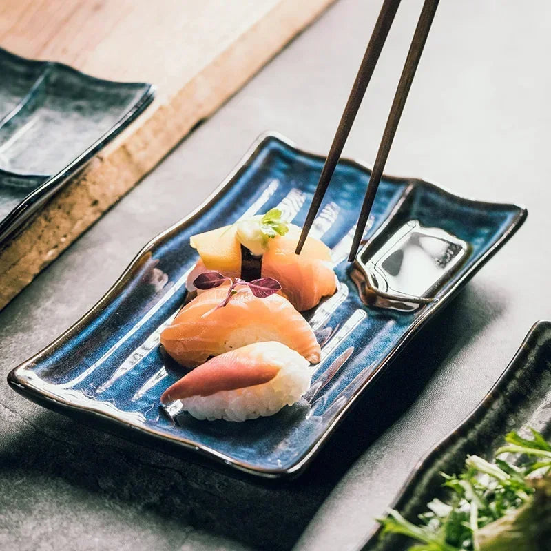 Plato de cerámica japonés para dumplings con recipiente para salsa, plato creativo para sushi en casa