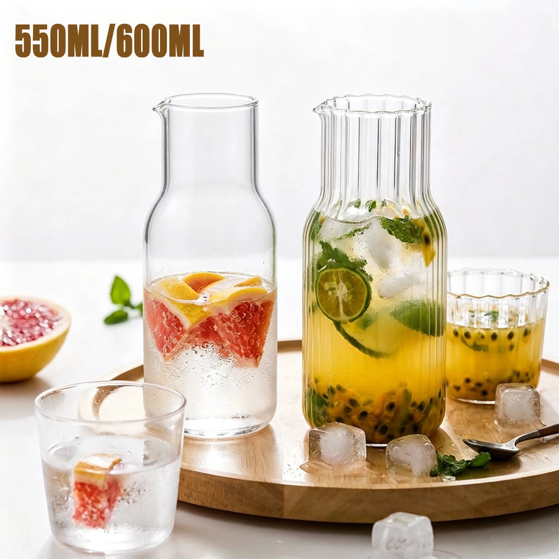 Juego de jarra de agua para mesita de noche de 550/600 ml, vaso para leche, bebidas o té, jarra de vidrio resistente al calor para habitación de invitados o baño