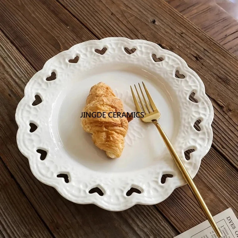 Plato de postre con forma de corazón de estilo europeo, plato para dim sum, plato para carne de estilo occidental, vajilla de cerámica para el hogar, artículos de cocina