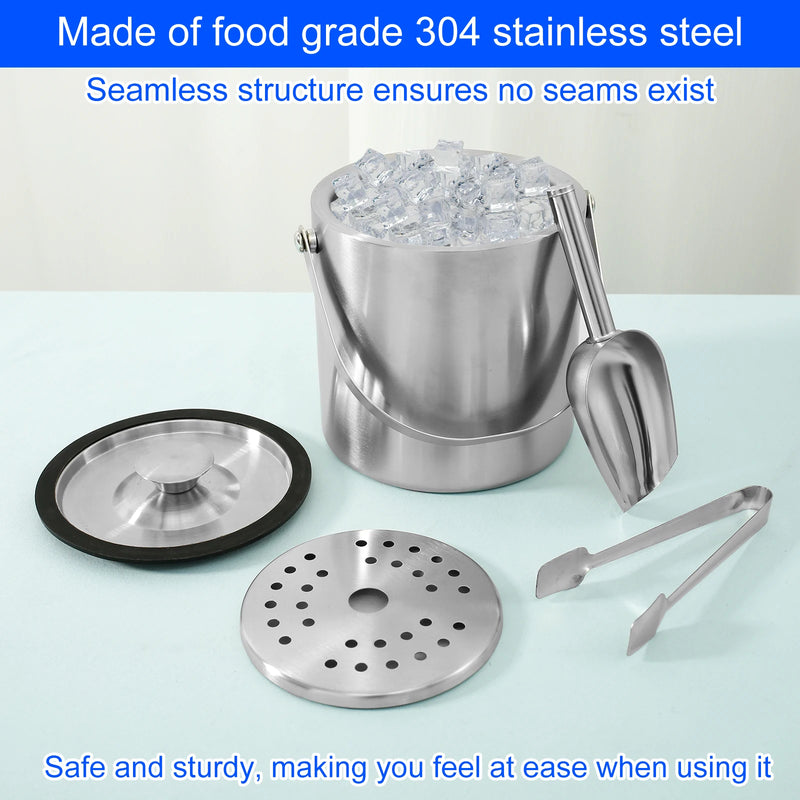 Cubo de hielo de 2L con asa, cubitera de doble pared aislada, recipiente de acero inoxidable para cubitos de hielo para fiestas en bares de cócteles