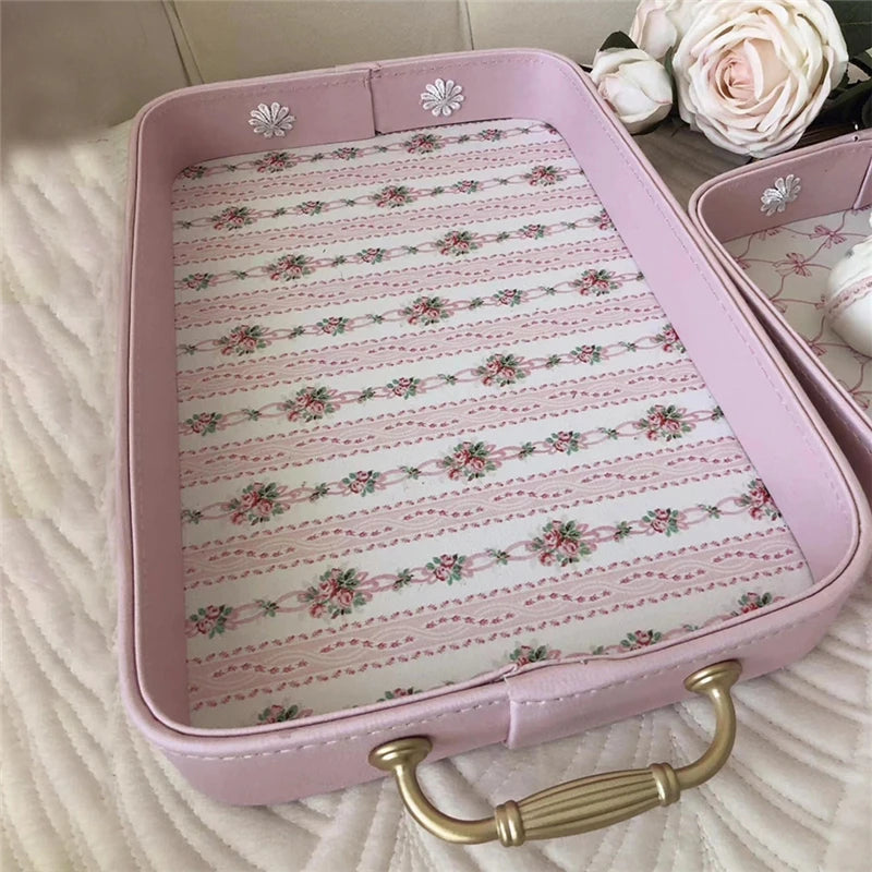 Bandeja de almacenamiento de cuero vintage con asas de metal dorado, estilo europeo exquisito, bandeja decorativa rosa, plato rectangular para pasteles, accesorios para fotografía.