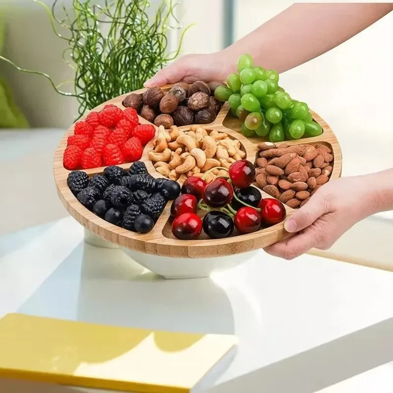 Bandeja de frutas de bambú redonda de cinco compartimentos, plato para aperitivos, frutas y frutos secos, plato de madera con divisores