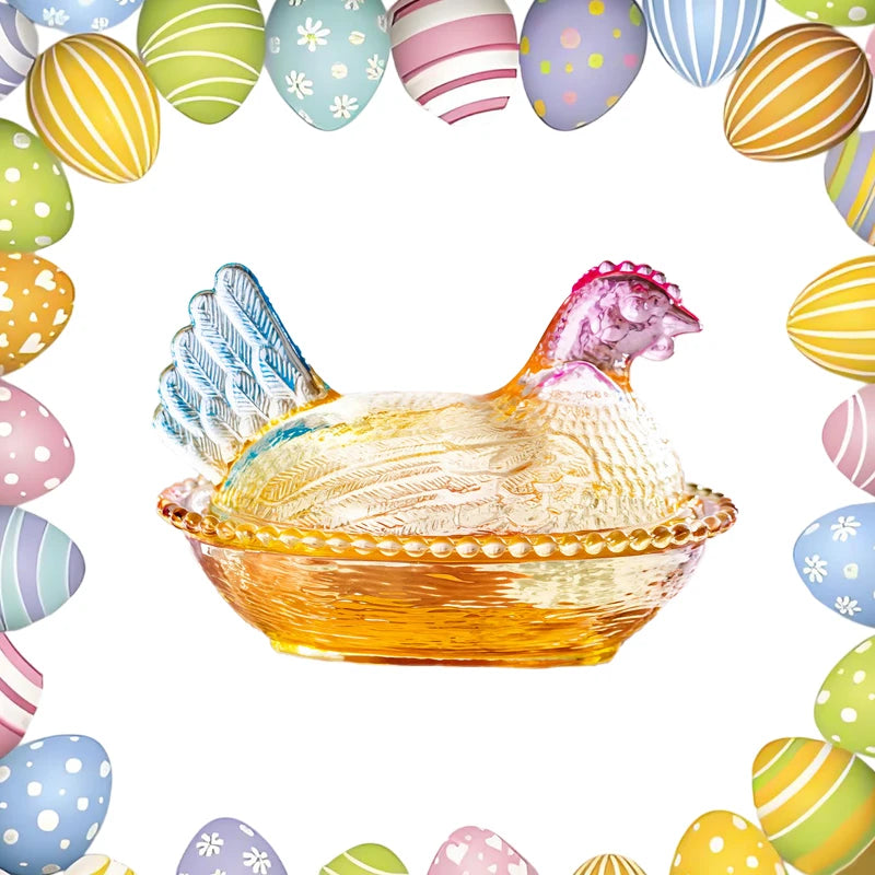 Plato de cristal, azucarero de cristal con tapa en forma de gallina, frutero, plato para postres y aperitivos, cuenco retro.