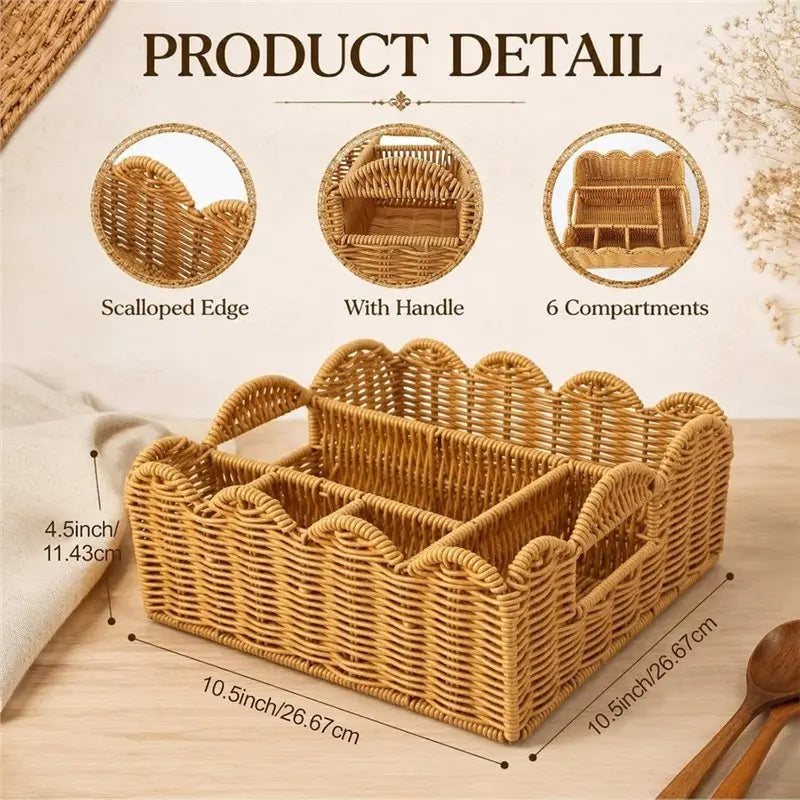BSEVB-Cesta de mimbre para utensilios para fiestas, soporte para cubiertos y platos de papel, dispensador de cubiertos cuadrado con 6 compartimentos y borde festoneado