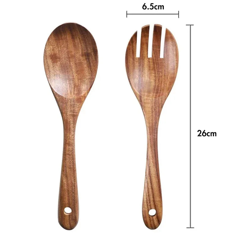Set de 2 cubiertos para ensalada de acacia, juego de cuchara y tenedor de madera para ensalada - Utensilios de cocina
