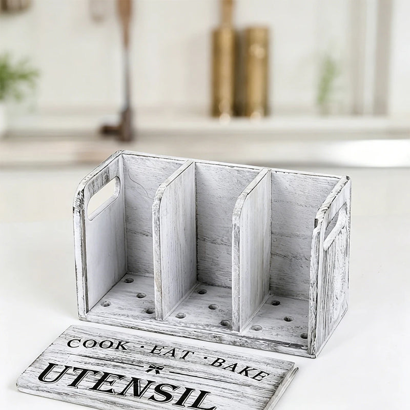Soporte para utensilios de cocina de madera, organizador de cucharas y tenedores, recipiente para almacenar vajilla, organizador grande para utensilios de cocina, portacubiertos