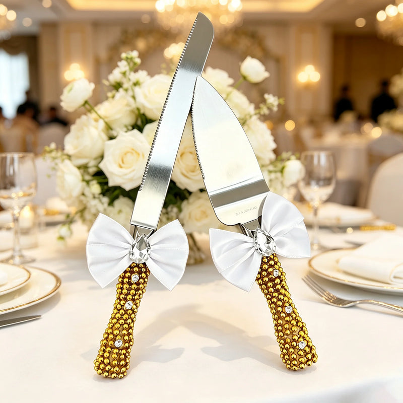 Set Couteau à Gâteau Mariage Doré