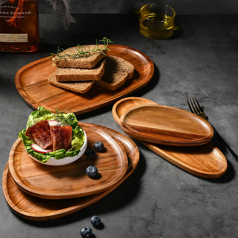 1 bandeja ovalada para servir comida, plato de madera de acacia para aperitivos y postres, bandeja de té, servidor de comida natural, platos para bebidas
