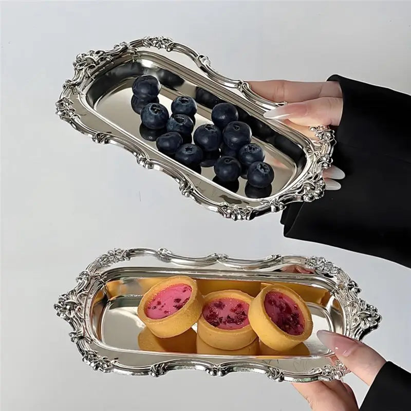 A95I-Bandeja de servir vintage de acero inoxidable repujado para postres, almacenamiento de joyas, plato de aperitivos para decoración de mesa de comedor