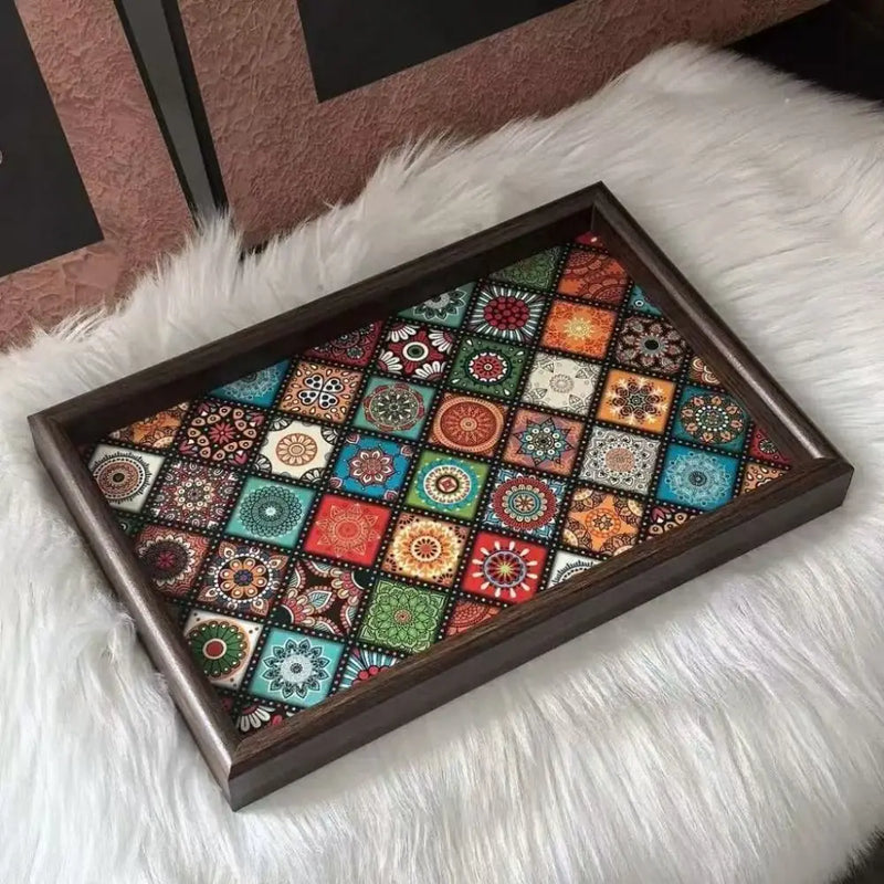 Bandeja de madera de estilo bohemio duradera, bandeja cuadrada hecha a mano para aperitivos de 30x20 cm, caja de almacenamiento para llaves, decoración de escritorio, recibidor y hogar