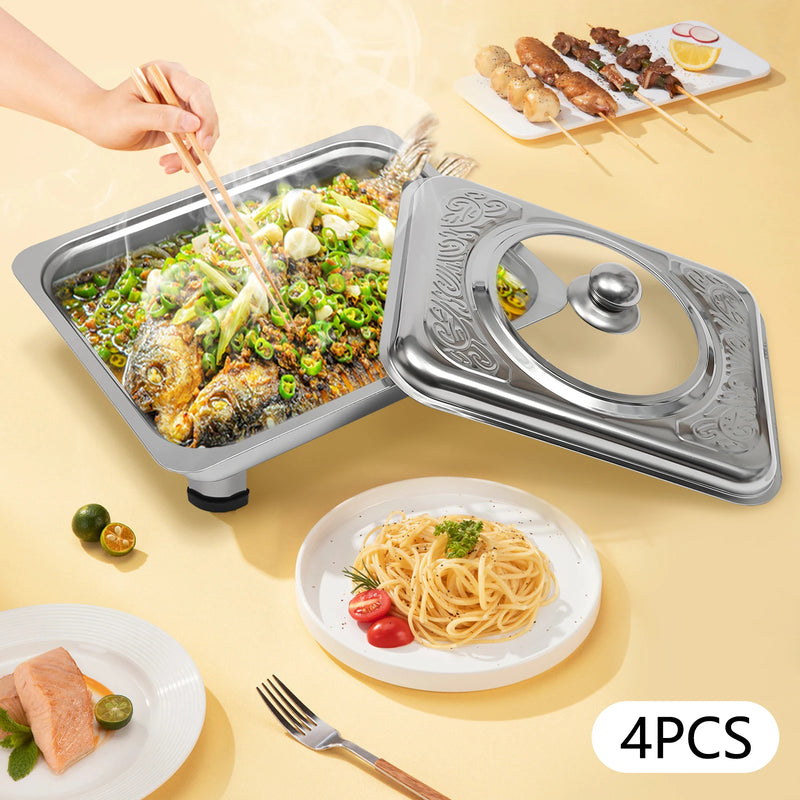 Lot de 4 Plats de Service Buffet Inox – présentoir buffet – en situation sur un buffet