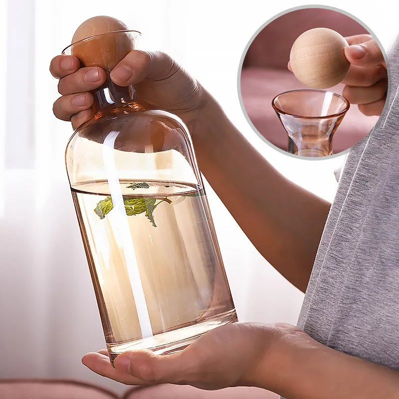 Jarra de agua de cristal estilo nórdico con tapa de madera, recipiente para bebidas frías, té, tetera, menaje del hogar, botella de agua transparente WF