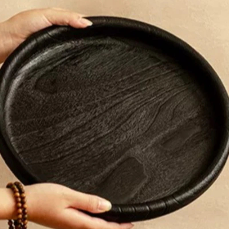 Bandeja de té redonda de madera, bandeja vintage rústica para servir frutas, té, aperitivos, bandeja natural para ceremonia, accesorios de cocina