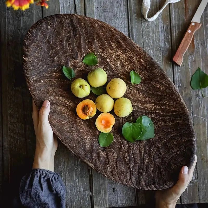 Bandeja de frutas de madera maciza retro, adorno de decoración de escritorio, bandeja de madera para sala de estar, bandejas para aperitivos, bandeja decorativa de cocina