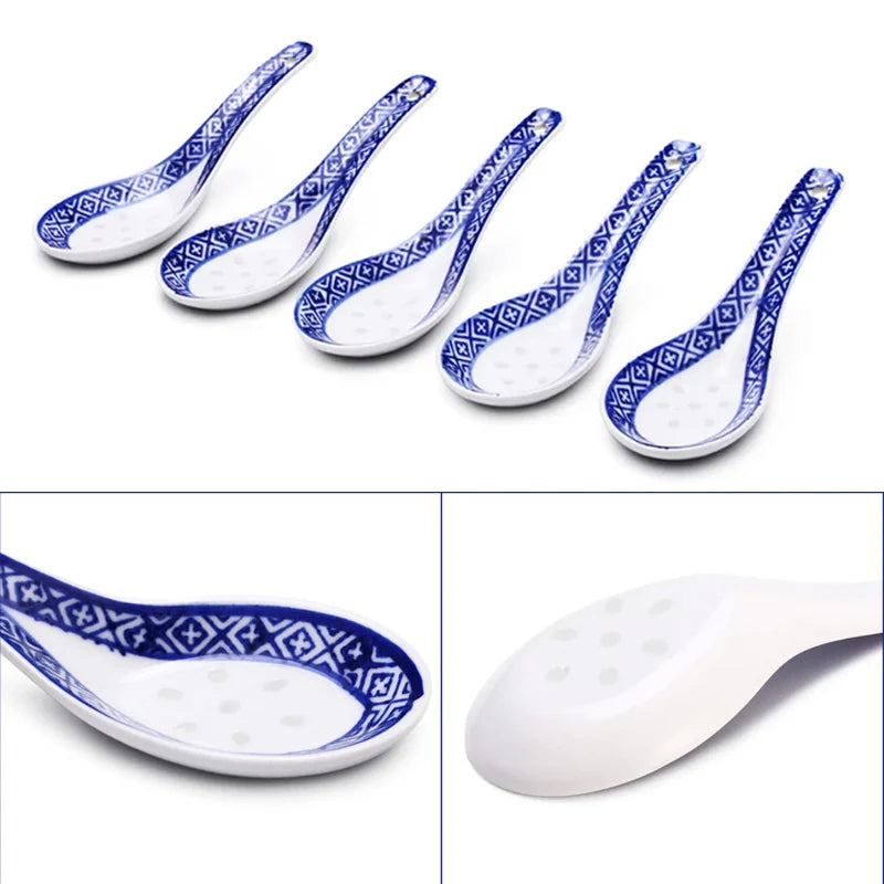 5 uds. Cuchara de cerámica práctica, cuchara de estilo chino para gachas, vajilla, cucharas de sopa azul y blanca para el hogar y restaurante
