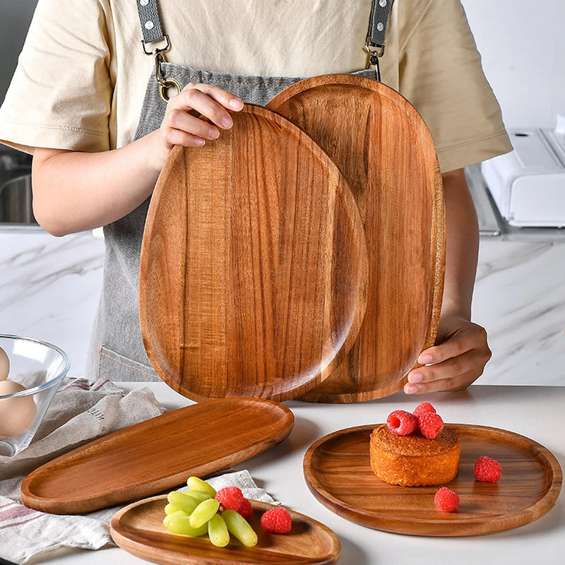 1 bandeja ovalada para servir comida, plato de madera de acacia para aperitivos y postres, bandeja de té, servidor de comida natural, platos para bebidas