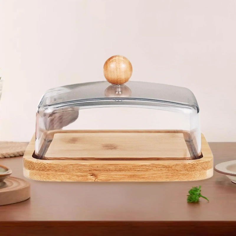 Mantequillera de bambú con tapa, recipiente multifuncional para mantequilla para bufé y nevera