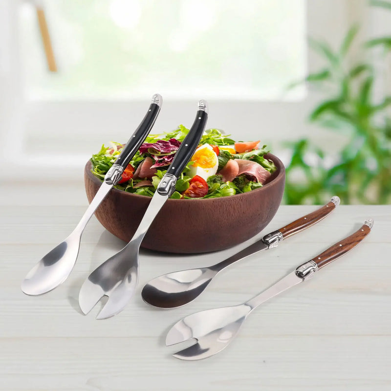 Juego de 2 cucharas para ensalada de acero inoxidable, estilo Laguiole, cubiertos para servir ensalada con mango de plástico efecto madera.
