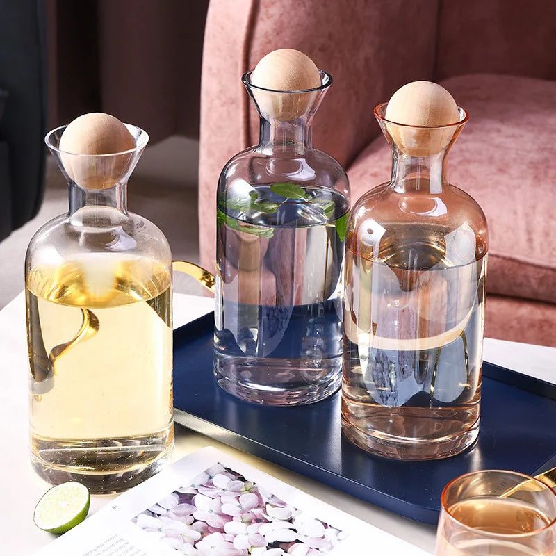 Jarra de agua de cristal estilo nórdico con tapa de madera, recipiente para bebidas frías, té, tetera, menaje del hogar, botella de agua transparente WF