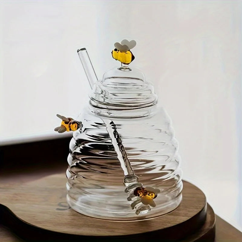 Tarro de miel de cristal con cucharón y tapa, tarro de miel decorativo con diseño de abeja, recipiente de cristal transparente de 14 oz para cocina