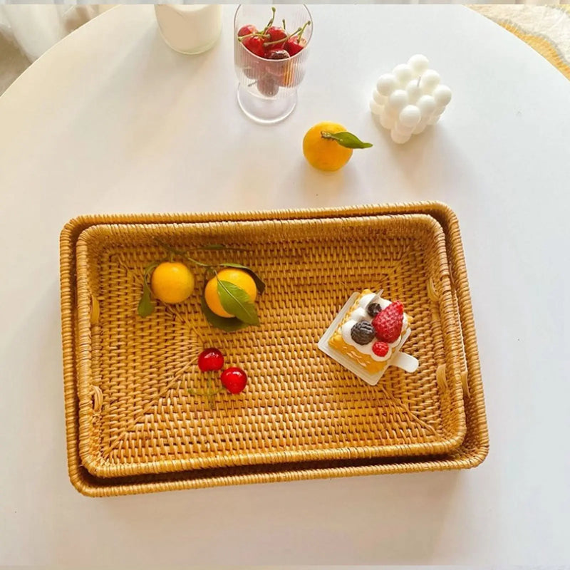 Bandeja de servicio con asas, cesta de ratán rectangular de gran capacidad, duradera y decorativa para frutas, postres, cocina y hogar