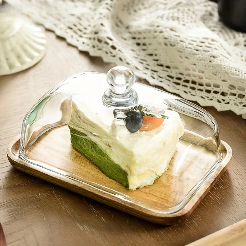 1 pieza Plato de madera para postres y pasteles con cubierta de vidrio, bandeja para servir, plato para restaurante, bandeja para queso, pudín, aperitivos y cocina