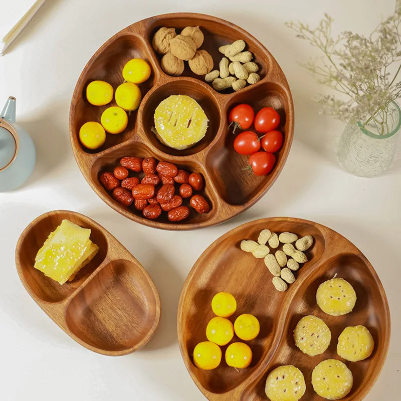 Bandeja redonda de madera con compartimentos HeMu para aperitivos, frutos secos, frutas, galletas y bocadillos, plato rústico de 5 compartimentos para cocina