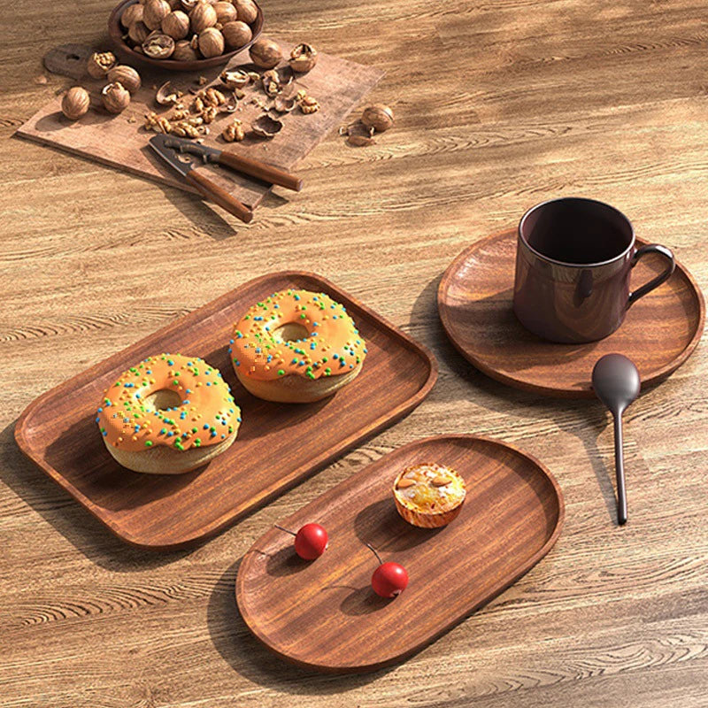 Bandeja de café de nogal tamaño grande, plato de madera para comida, taza, cena, pastel, pan, bandeja de madera maciza, accesorios decorativos de cocina