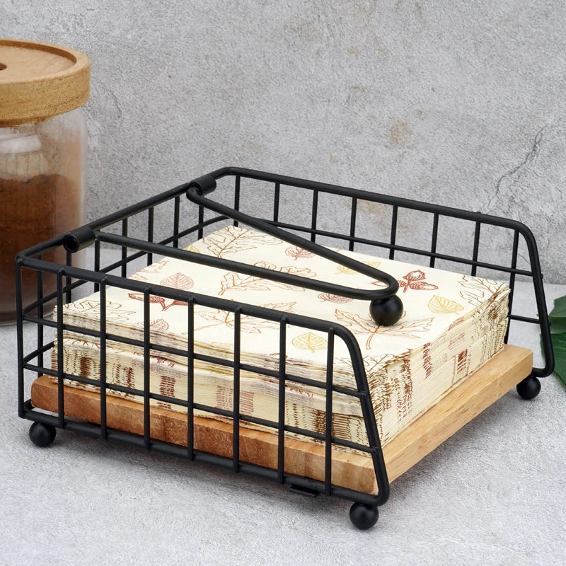 Porte-Serviettes Métal Noir Base Bois