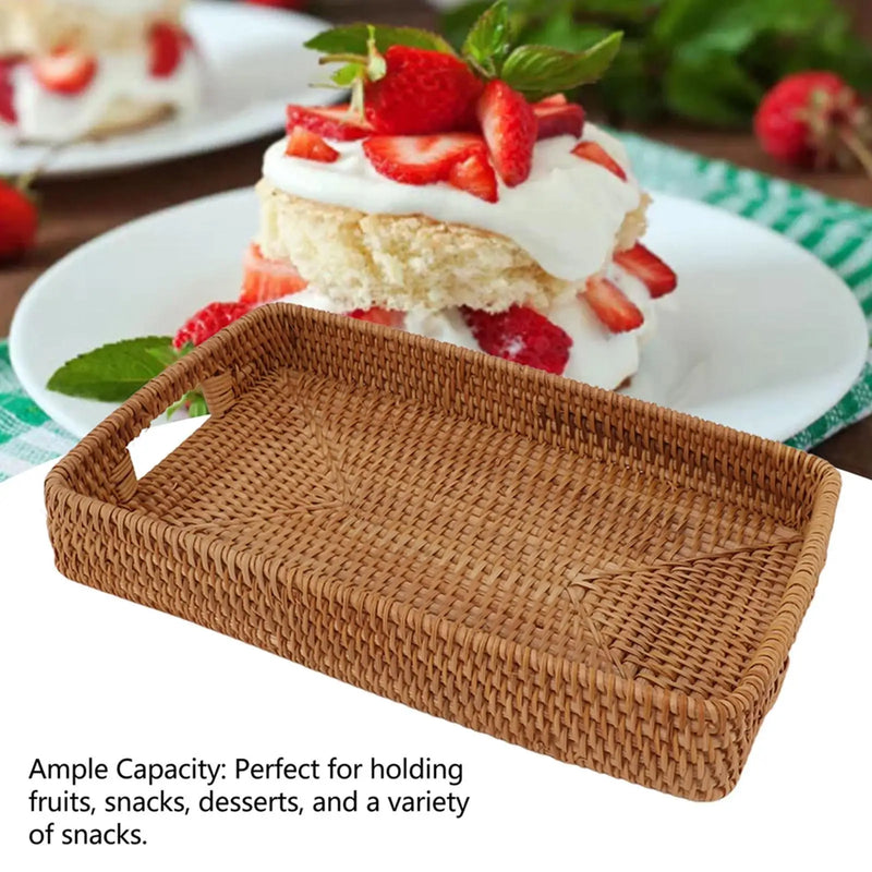 Bandeja de servicio con asas, cesta de ratán rectangular de gran capacidad, duradera y decorativa para frutas, postres, cocina y hogar