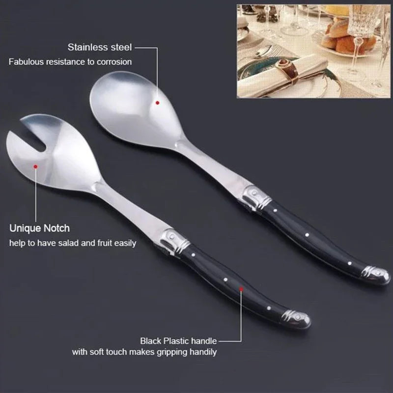 Juego de 2 cucharas para ensalada de acero inoxidable, estilo Laguiole, cubiertos para servir ensalada con mango de plástico efecto madera.