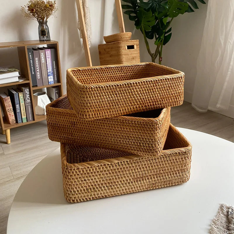 Cesta organizadora tejida a mano, cesta de mimbre, cesta rectangular de ratán, bandeja de almacenamiento, cesta para pan, frutas, picnic, caja de almacenamiento de cosméticos