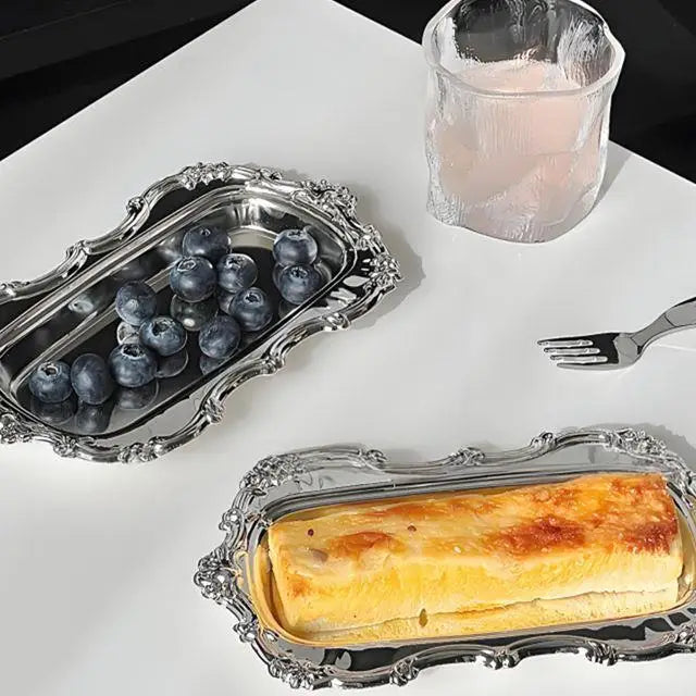 A95I-Bandeja de servir vintage de acero inoxidable repujado para postres, almacenamiento de joyas, plato de aperitivos para decoración de mesa de comedor