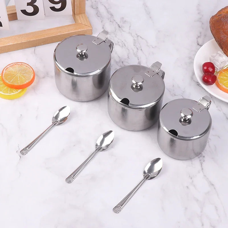 Azucarero práctico de acero inoxidable con tapa de asa y cuchara, recipiente para especias a prueba de polvo e impermeable para cocina y restaurante