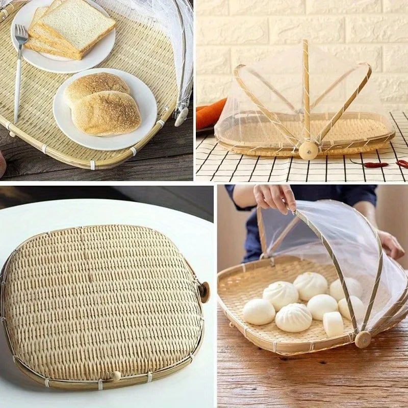 Cesta de servicio de bambú tejida a mano con cubierta de malla: tienda de campaña redonda para picnic para un almacenamiento libre de polvo, perfecta para picnics en interiores y exteriores