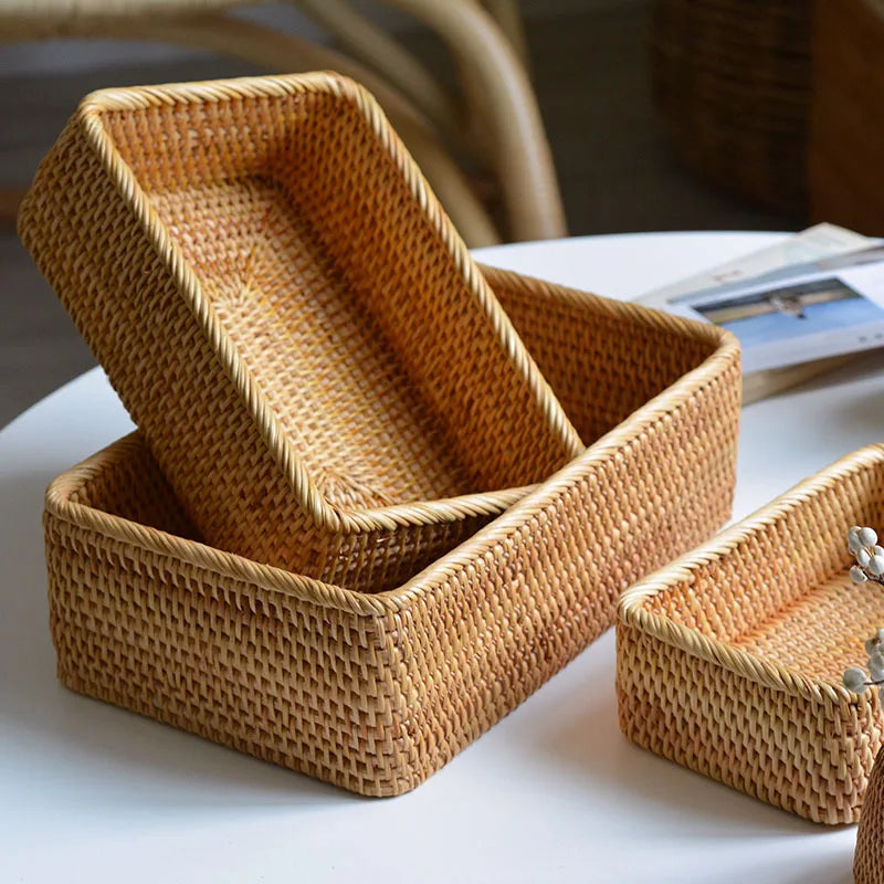 Cesta organizadora tejida a mano, cesta de mimbre, cesta rectangular de ratán, bandeja de almacenamiento, cesta para pan, frutas, picnic, caja de almacenamiento de cosméticos
