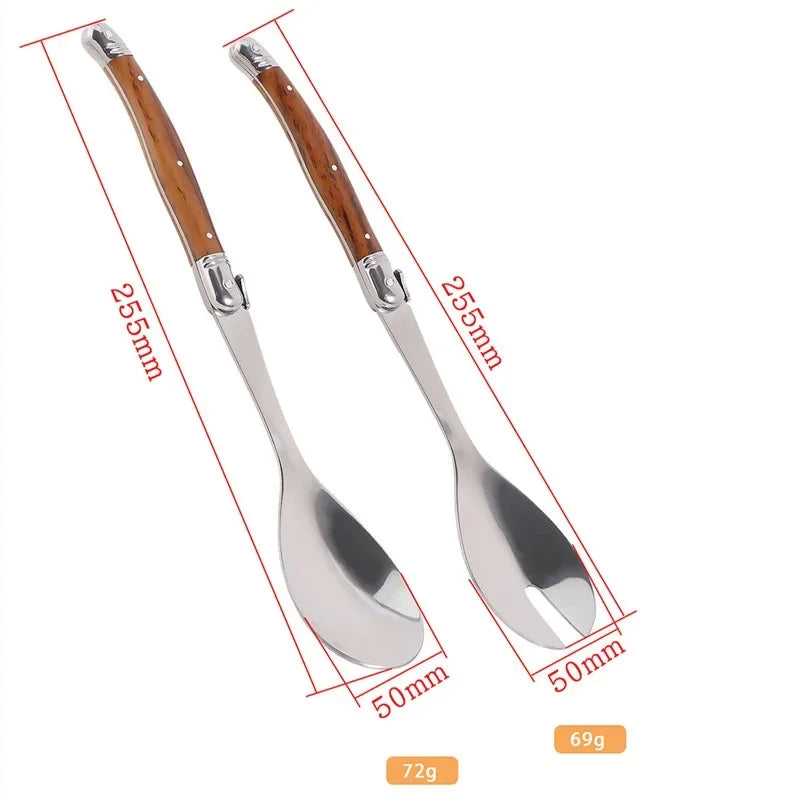 Juego de 2 cucharas para ensalada de acero inoxidable, estilo Laguiole, cubiertos para servir ensalada con mango de plástico efecto madera.