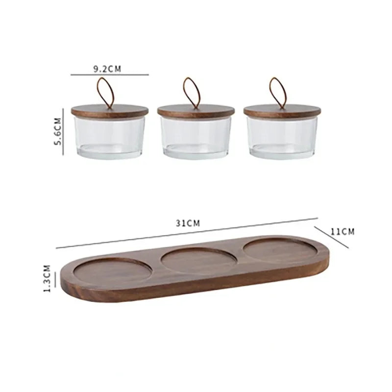 Plato de cristal para frutos secos, tarro de cristal japonés con tapa de madera, bandeja compartimentada para aperitivos, bandeja de aperitivos para el hogar
