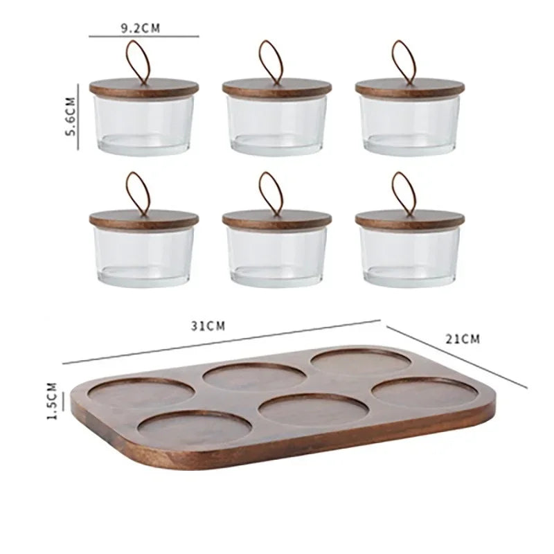 Plato de cristal para frutos secos, tarro de cristal japonés con tapa de madera, bandeja compartimentada para aperitivos, bandeja de aperitivos para el hogar