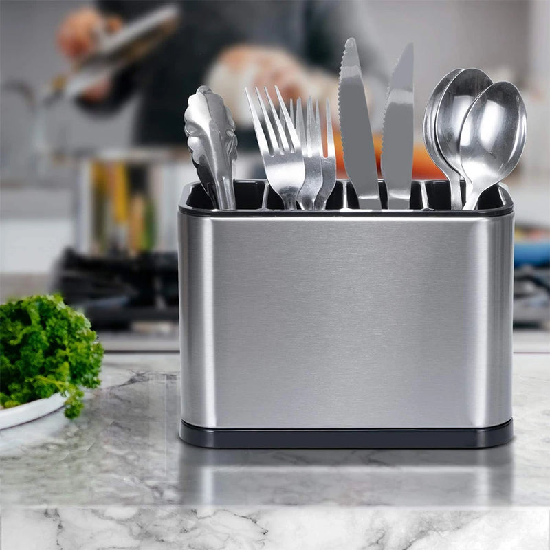 Organizador de cubiertos LMETJMA, escurridor de acero inoxidable para utensilios con 4 compartimentos divididos