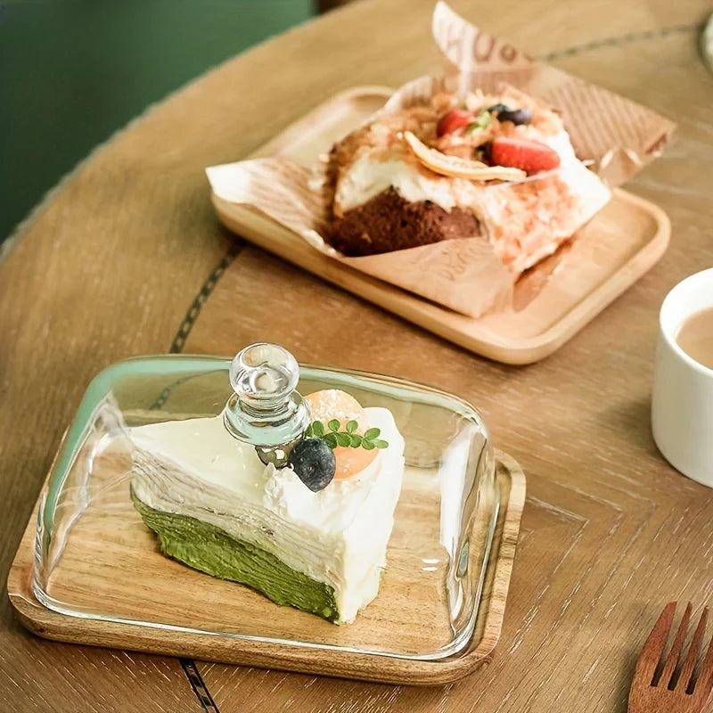 1 pieza Plato de madera para postres y pasteles con cubierta de vidrio, bandeja para servir, plato para restaurante, bandeja para queso, pudín, aperitivos y cocina