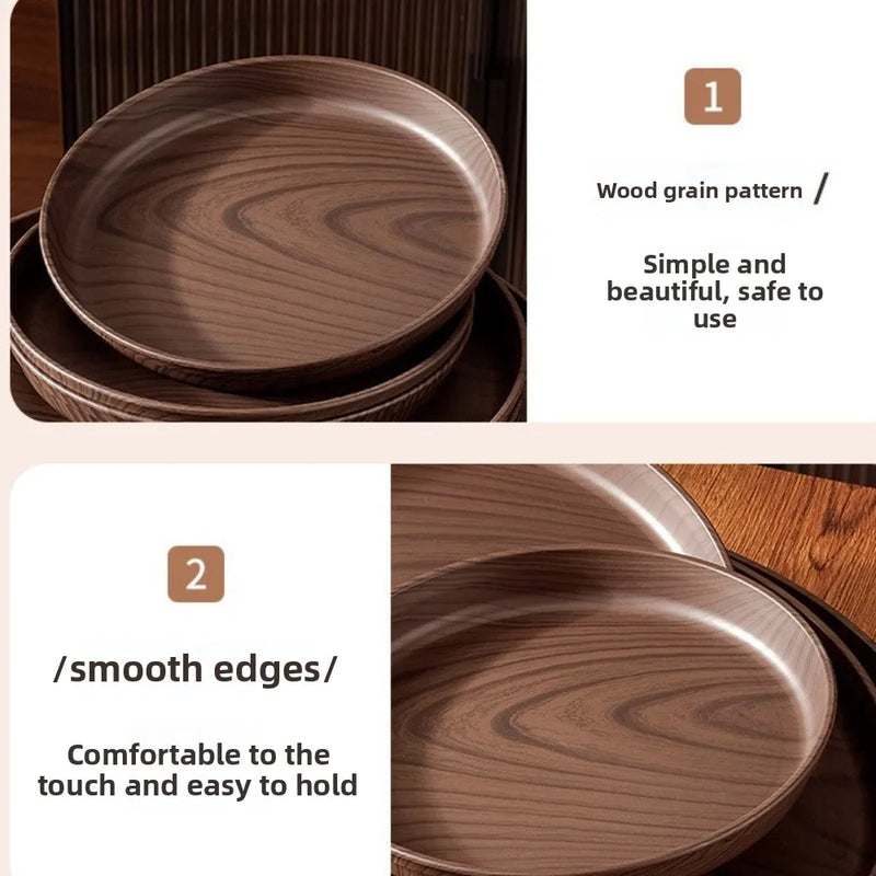 Bandeja de imitación de madera, nueva, de 20/26/32/38 cm, hecha a mano, forma redonda, bandeja de servir de imitación de madera, bandeja de plástico para comida, para servir el desayuno